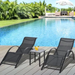Sonnenliege mit Tisch, 3er-Set Gartenliegen, für Balkon, Schwarz