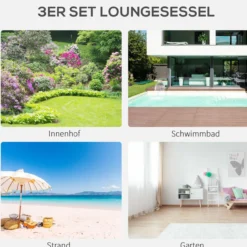 Sonnenliege mit Tisch, 3er-Set Gartenliegen, für Balkon, Schwarz