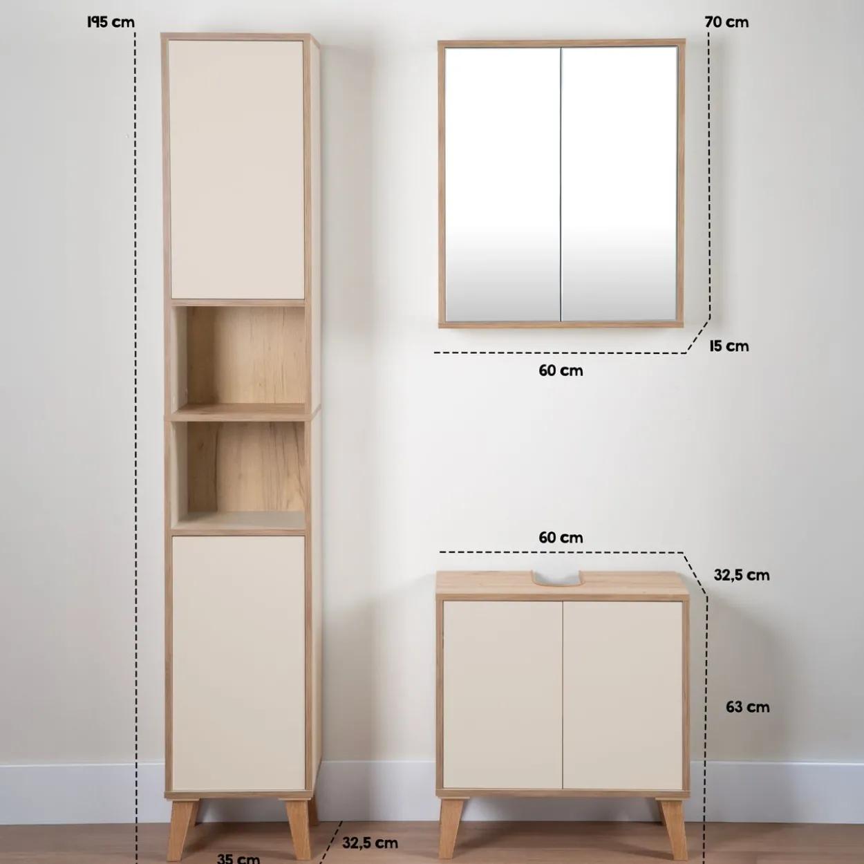Spiegelschrank MORENA mit 2 Türen, cashmere/Eiche