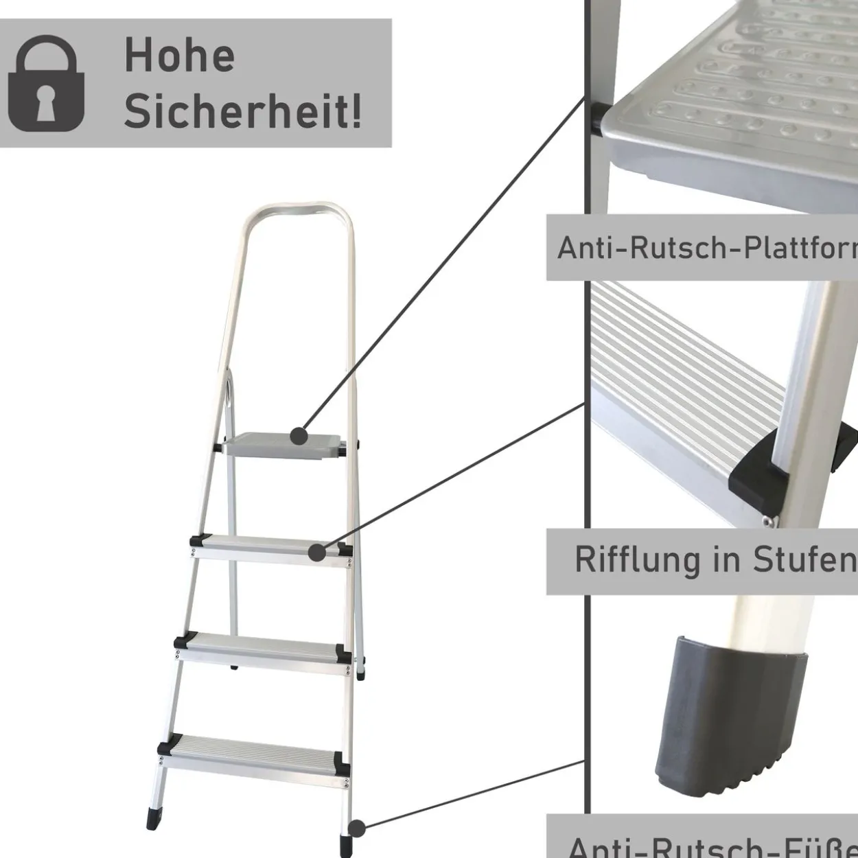 Stehleiter mit 4 Stufen, Aluminium Trittleiter