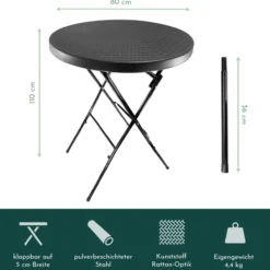 Stehtisch klappbar 80 cm schwarz in Rattan-Optik, Höhe 110 cm
