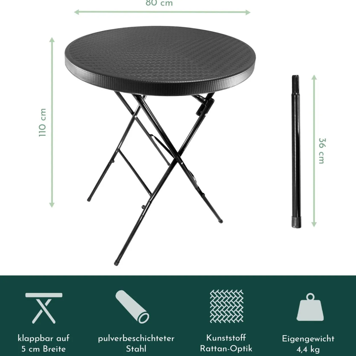 Stehtisch klappbar 80 cm schwarz in Rattan-Optik, Höhe 110 cm