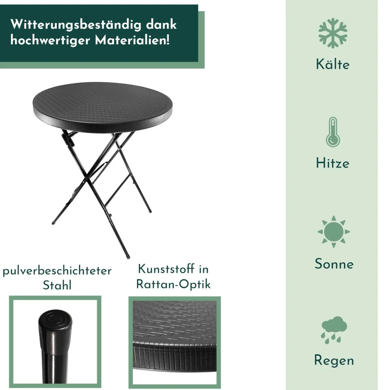 Stehtisch klappbar 80 cm schwarz in Rattan-Optik, Höhe 110 cm