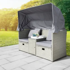 Strandkorblounge inkl. integriertem Tisch mit Glasplatte