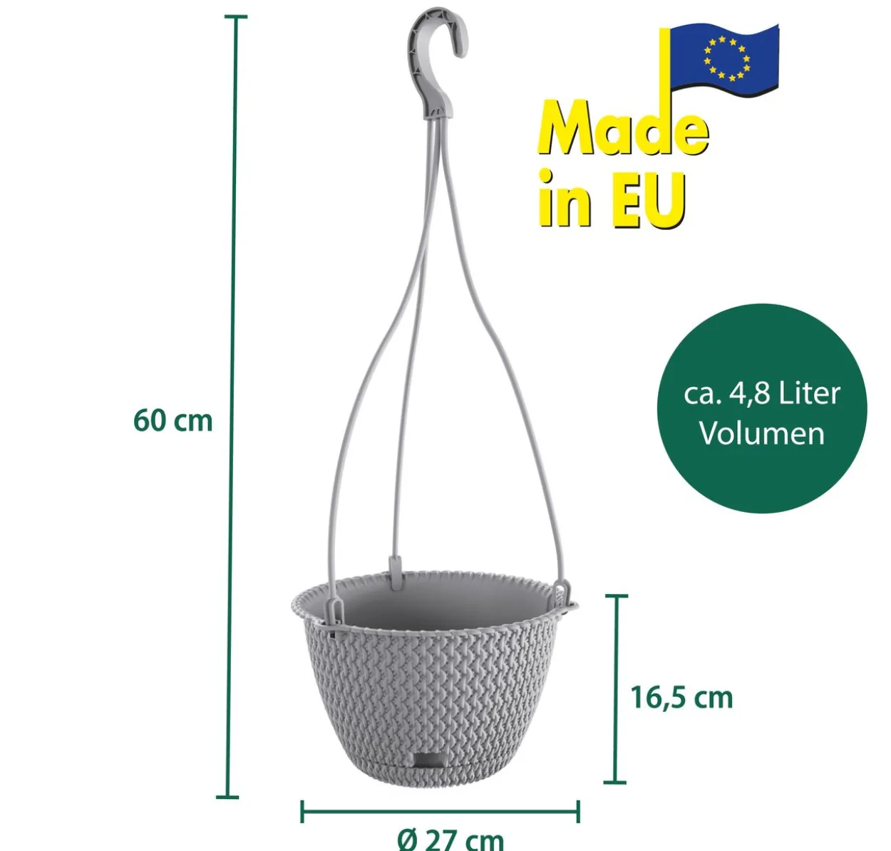 Strickoptik-Hängetopf, ca. 4,8 Liter - Steingrau