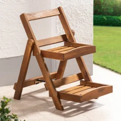2-stufige Blumentreppe mit 2 Ablagen aus Akazienholz, ca. 54,5 x 40 x 56,5 cm