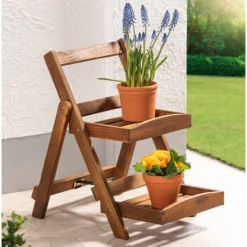 2-stufige Blumentreppe mit 2 Ablagen aus Akazienholz, ca. 54,5 x 40 x 56,5 cm