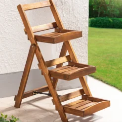 3-stufiges Blumentreppe mit 3 Ablagen aus Akazienholz, ca. 65 x 40 x 80 cm - Braun