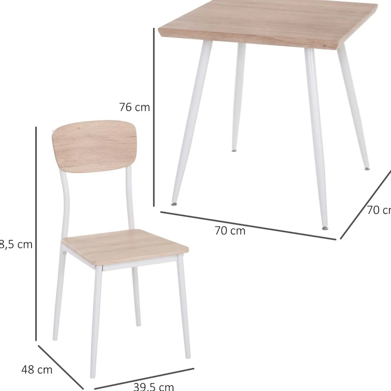 3-teilige Essgruppe, Esstisch Set Holzmaserung MDF, Metall, Nautr+ mit 1 Tisch + 2 Stühlen, - weiss