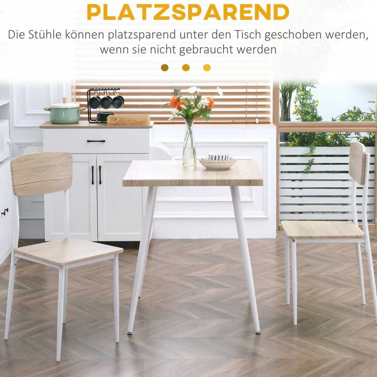 3-teilige Essgruppe, Esstisch Set Holzmaserung MDF, Metall, Nautr+ mit 1 Tisch + 2 Stühlen, - weiss