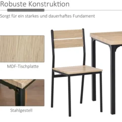 3-teilige Essgruppe Küchentisch mit Metallgestell Naturholzmaserung + Schwarz mit Tisch + 2 Stühlen