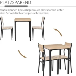 3-teilige Essgruppe Küchentisch mit Metallgestell Naturholzmaserung + Schwarz mit Tisch + 2 Stühlen
