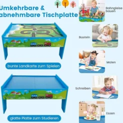 80-teiliges Kinder Eisenbahn Set, Spieltisch aus Holz mit umkehrbarer