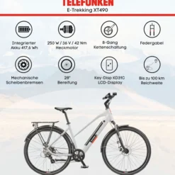 Telefunken Damen Trekking E-Bike XT490 mit 8-Gang Shimano Kettenschaltung, Kreide