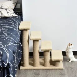Tiertreppe Katzentreppe Hundetreppe Treppe für Katze und Hunde 4 Stufen Beige/Grau 63,5x43x60cm