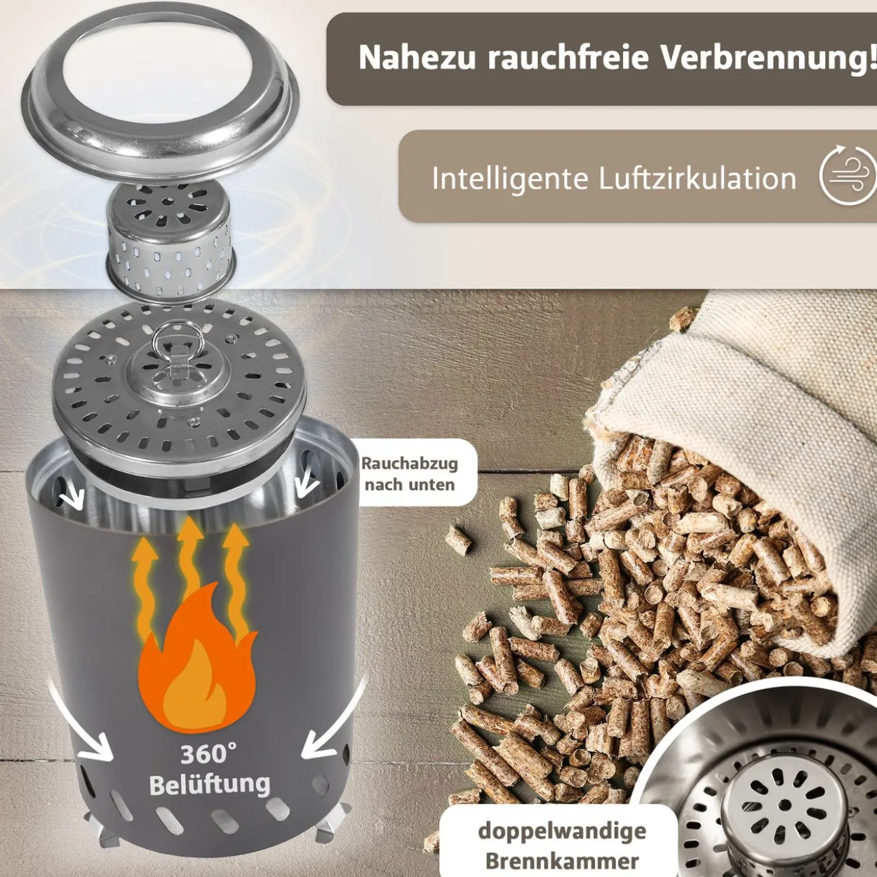 Tischkamin anthrazit für Pellets, rauchfrei