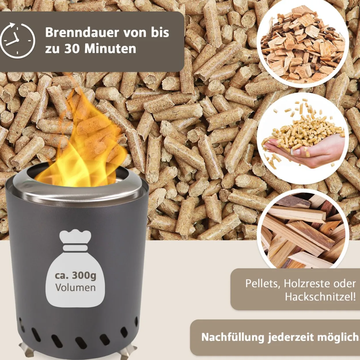 Tischkamin anthrazit für Pellets, rauchfrei