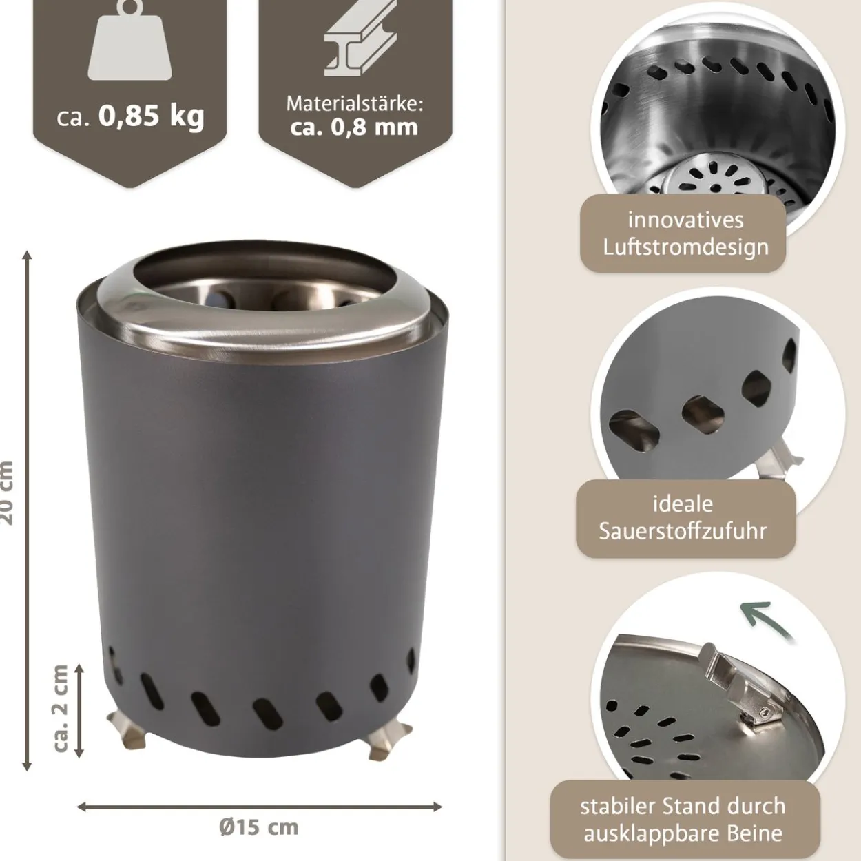 Tischkamin anthrazit für Pellets, rauchfrei