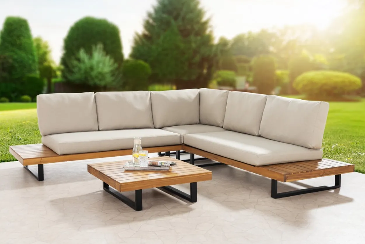 12tlg. Aluminium-Ecklounge mit Tisch aus Akazienholz - Beige