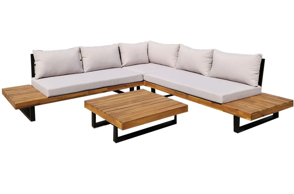 12tlg. Aluminium-Ecklounge mit Tisch aus Akazienholz - Beige