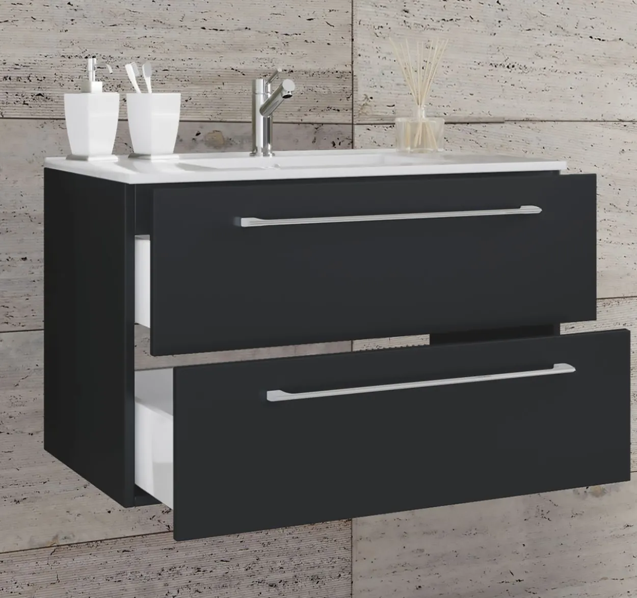 2-tlg. Badblock "Badinos 2 Schubfächer" 80cm Schwarz