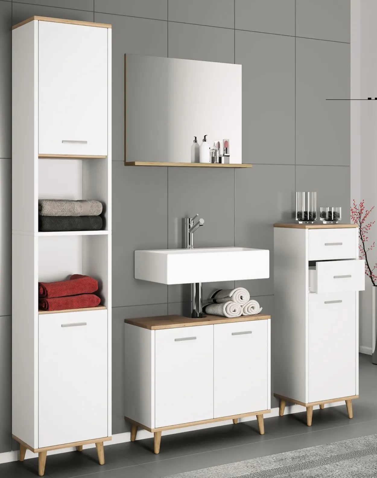 4-tlg. Badmöbelset Badezimmer Set "Landos I" Weiß/Honig-Eiche