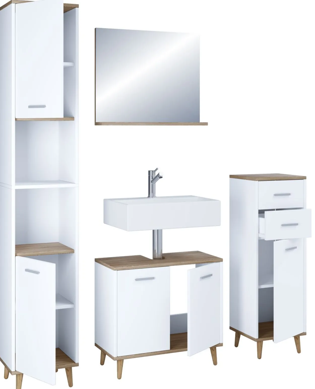 4-tlg. Badmöbelset Badezimmer Set "Landos I" Weiß/Honig-Eiche