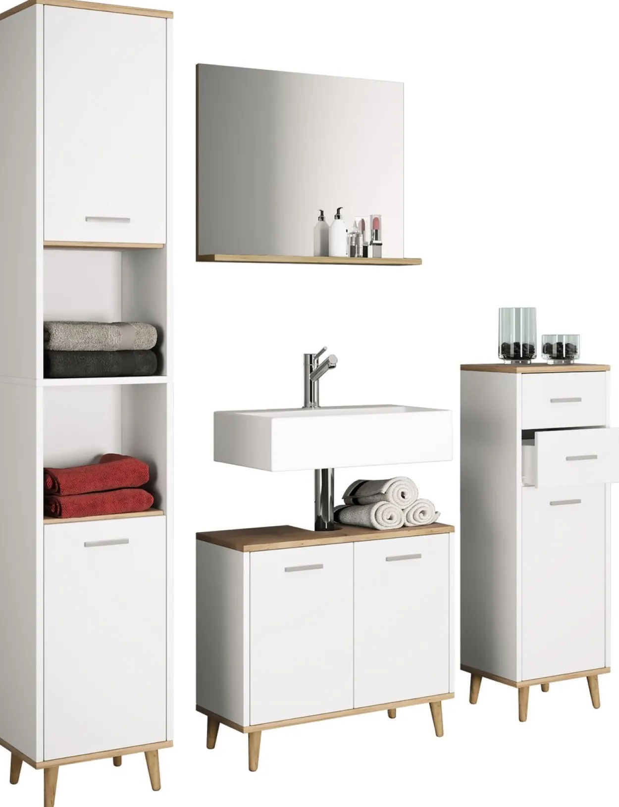 4-tlg. Badmöbelset Badezimmer Set "Landos I" Weiß/Honig-Eiche