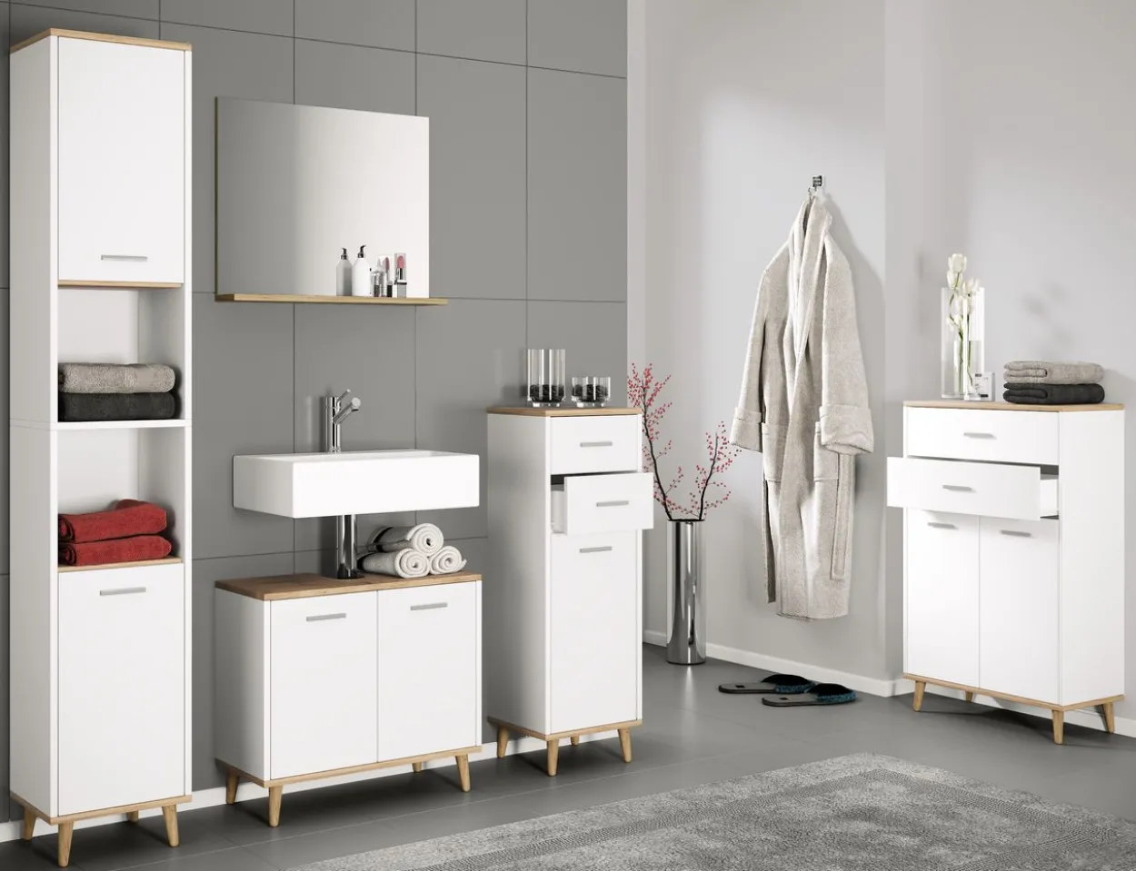 4-tlg. Badmöbelset Badezimmer Set "Landos I" Weiß/Honig-Eiche