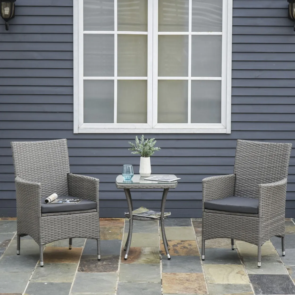 3-tlg. Balkonmöbel Set Sitzgruppe Rattan Gartenset Polyrattan Grau