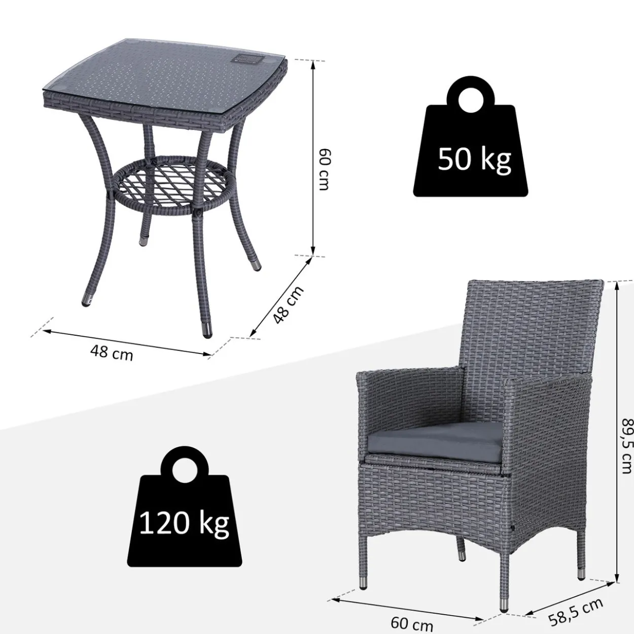 3-tlg. Balkonmöbel Set Sitzgruppe Rattan Gartenset Polyrattan Grau