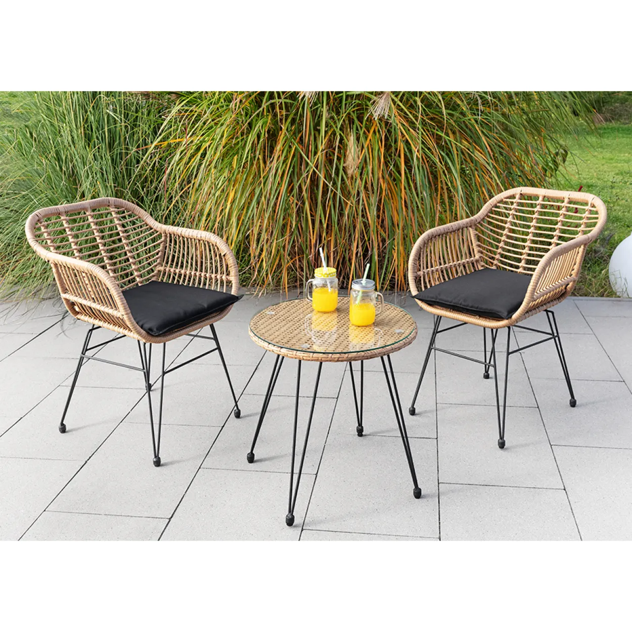 3tlg. Balkonset helles Rattan mit Sitzkissen - Schwarz