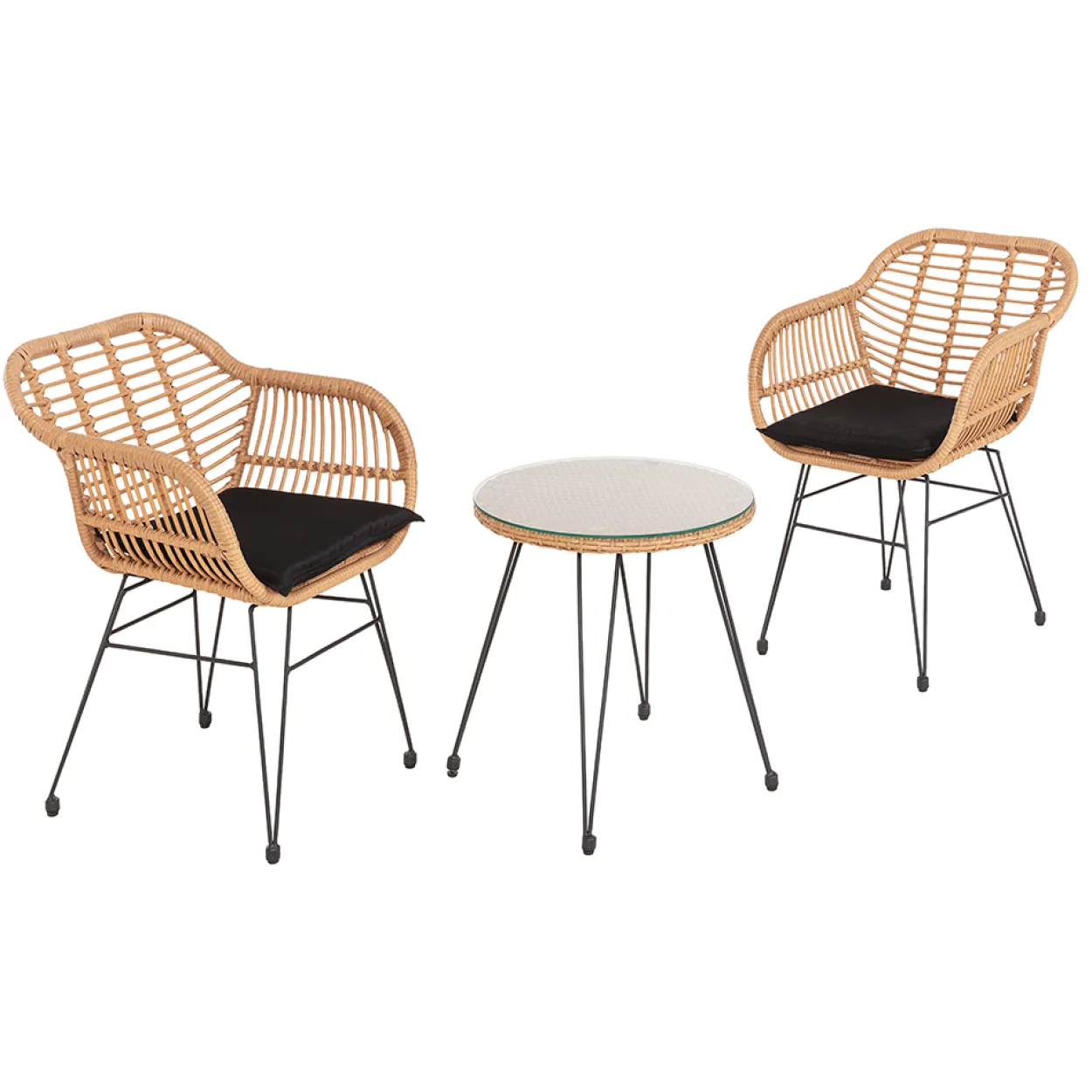 3tlg. Balkonset helles Rattan mit Sitzkissen - Schwarz