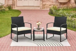 3tlg. Casual-Set Balkonset Sitzgruppe schwarzes Rattan mit Sitzkissen in beige