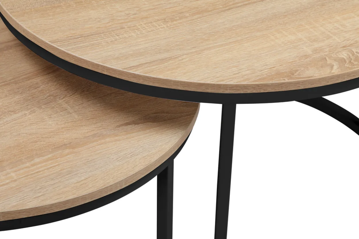 2tlg. Couchtisch-Set mit Stahlrahmen rund - Eiche Braun