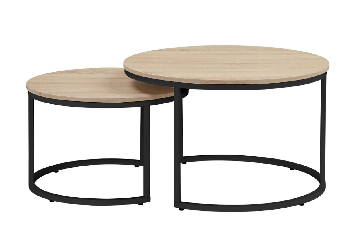 2tlg. Couchtisch-Set mit Stahlrahmen rund - Eiche Braun