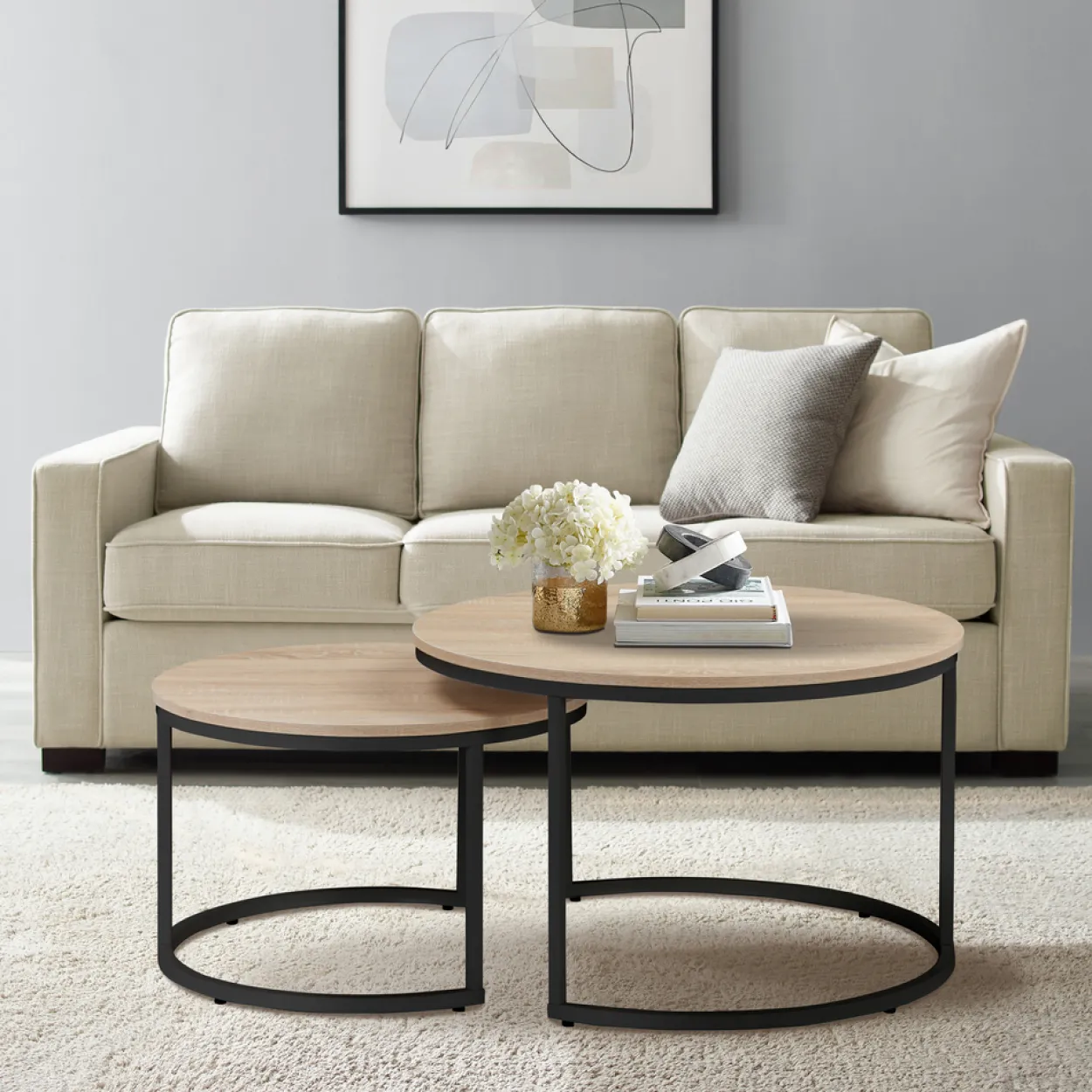 2tlg. Couchtisch-Set mit Stahlrahmen rund - Eiche Braun
