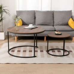 2tlg. Couchtisch-Set mit Stahlrahmen rund - Dunkelbraun