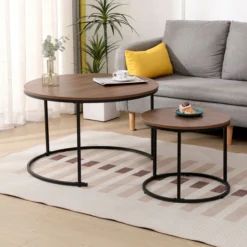 2tlg. Couchtisch-Set mit Stahlrahmen rund - Dunkelbraun