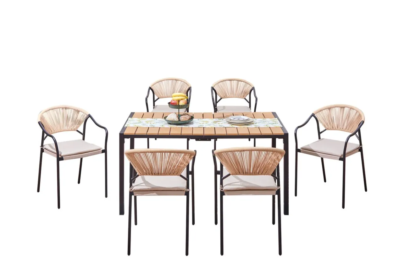 7tlg. Dining Set helles Rattan mit Sitzkissen in Beige