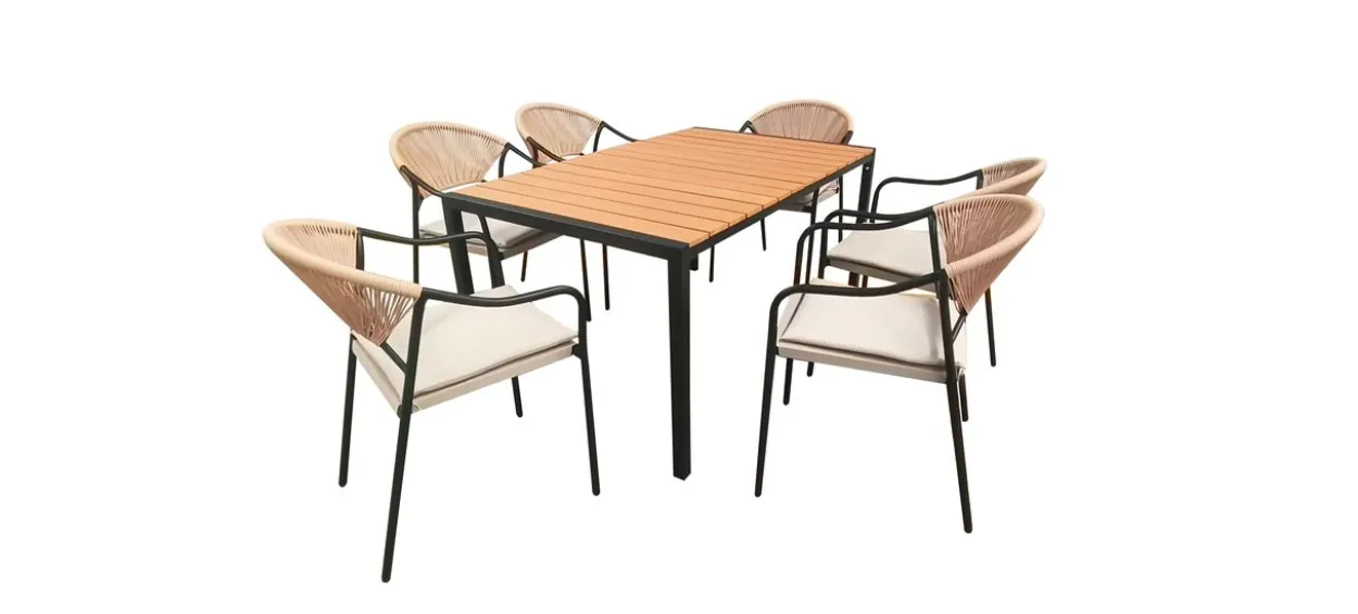 7tlg. Dining Set helles Rattan mit Sitzkissen in Beige