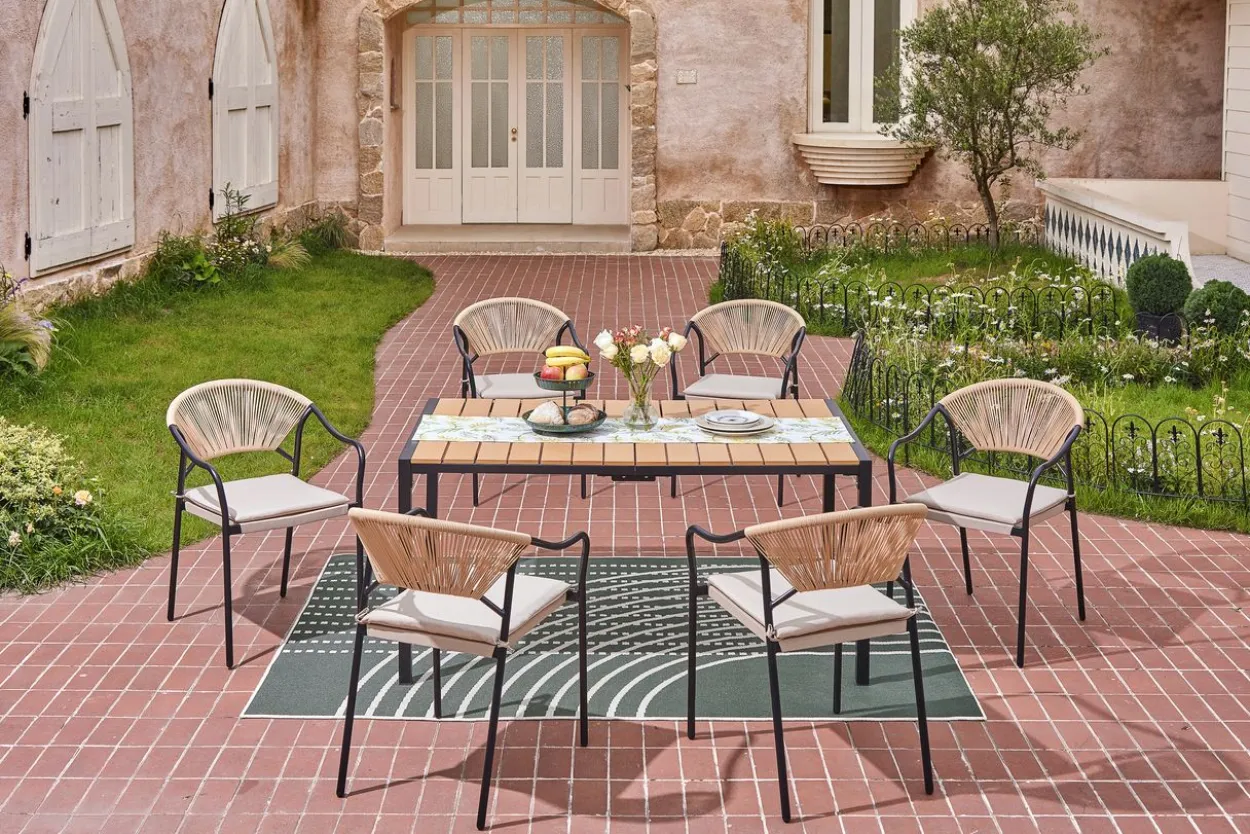 7tlg. Dining Set helles Rattan mit Sitzkissen in Beige