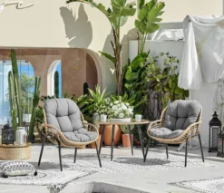 3 tlg. Dining-Set HGS39-GRA helles Rattan mit Sitzkissen in grau