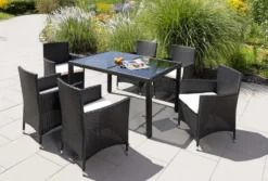 13tlg. Dining-Set VERA aus Polyrattan mit Glastisch inkl. Polsterauflagen