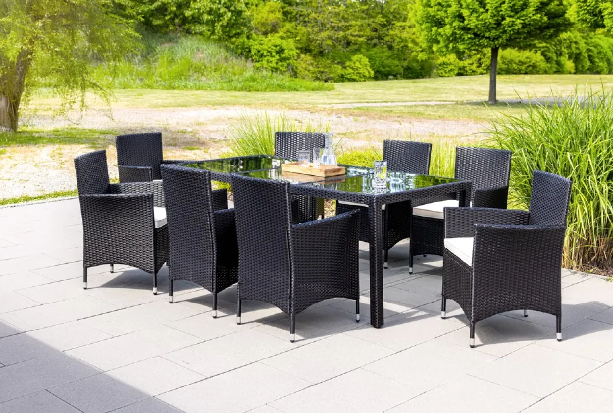 17tlg. Dining-Set VERA aus Polyrattan mit Glastisch inkl. Polsterauflagen