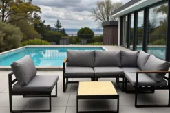 17.tlg Ecklounge "Santorini" aus Aluminium mit Tisch & Sessel, Armlehne - Schwarz/Dunkelgrau