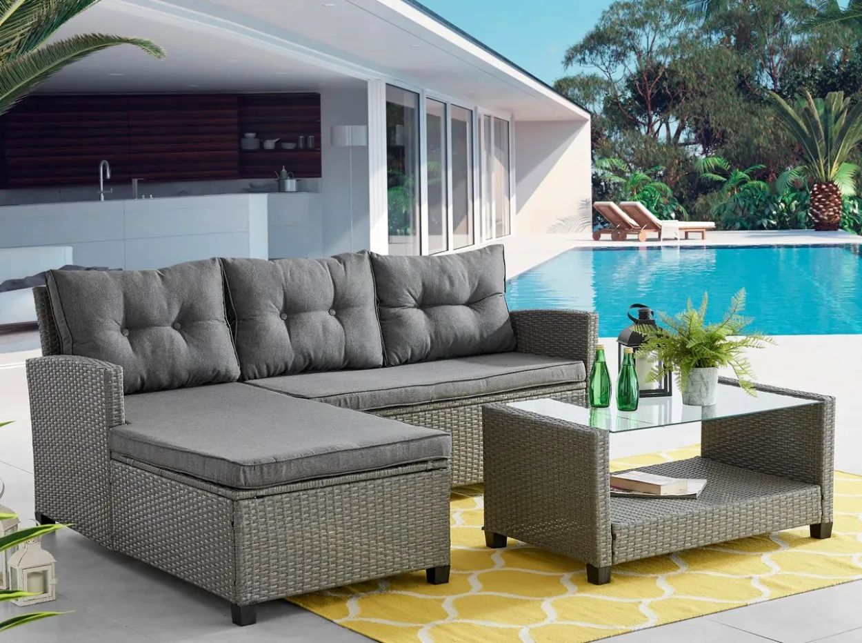 8tlg. Ecklounge-Set Rattan mit Sitzkissen - Grau