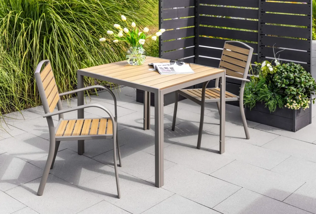 3tlg. Gartengarnitur aus Aluminium in Holzoptik