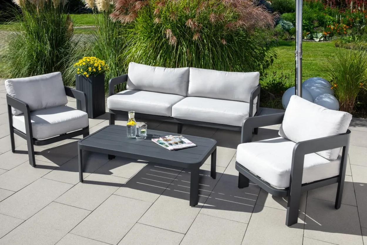12 tlg. Gartenlounge mit Tisch 2 Sessel & 3-Sitzer Bank aus Aluminium RIAD M - Anthrazit