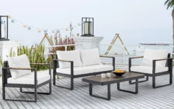 12tlg. Gartenmöbel Lounge-Set mit Sofa & Coffee Table aus Aluminium - Schwarz mit Teakholz